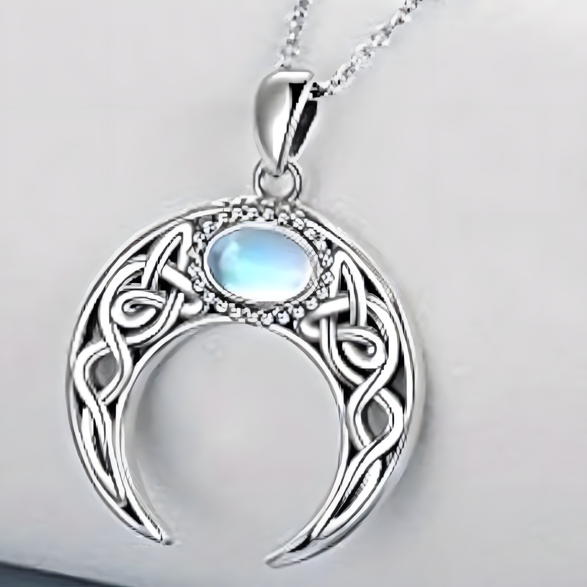 Celtic Crescent Moon Necklace for Women – Zinc Alloy Moon Pendant Blue Opal 1105