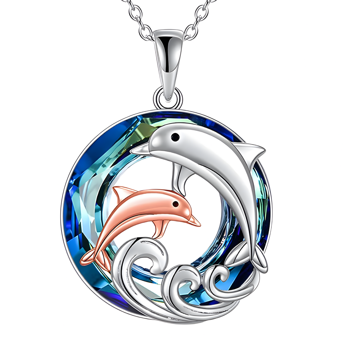 Dolphin Mother & Baby Pendant Necklace Women Zinc Alloy Animal Ocean Wave 1084