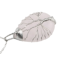 Silver Pink Crystal Tree Of Life Pendant Necklace For Women Oval Gemstone 1337