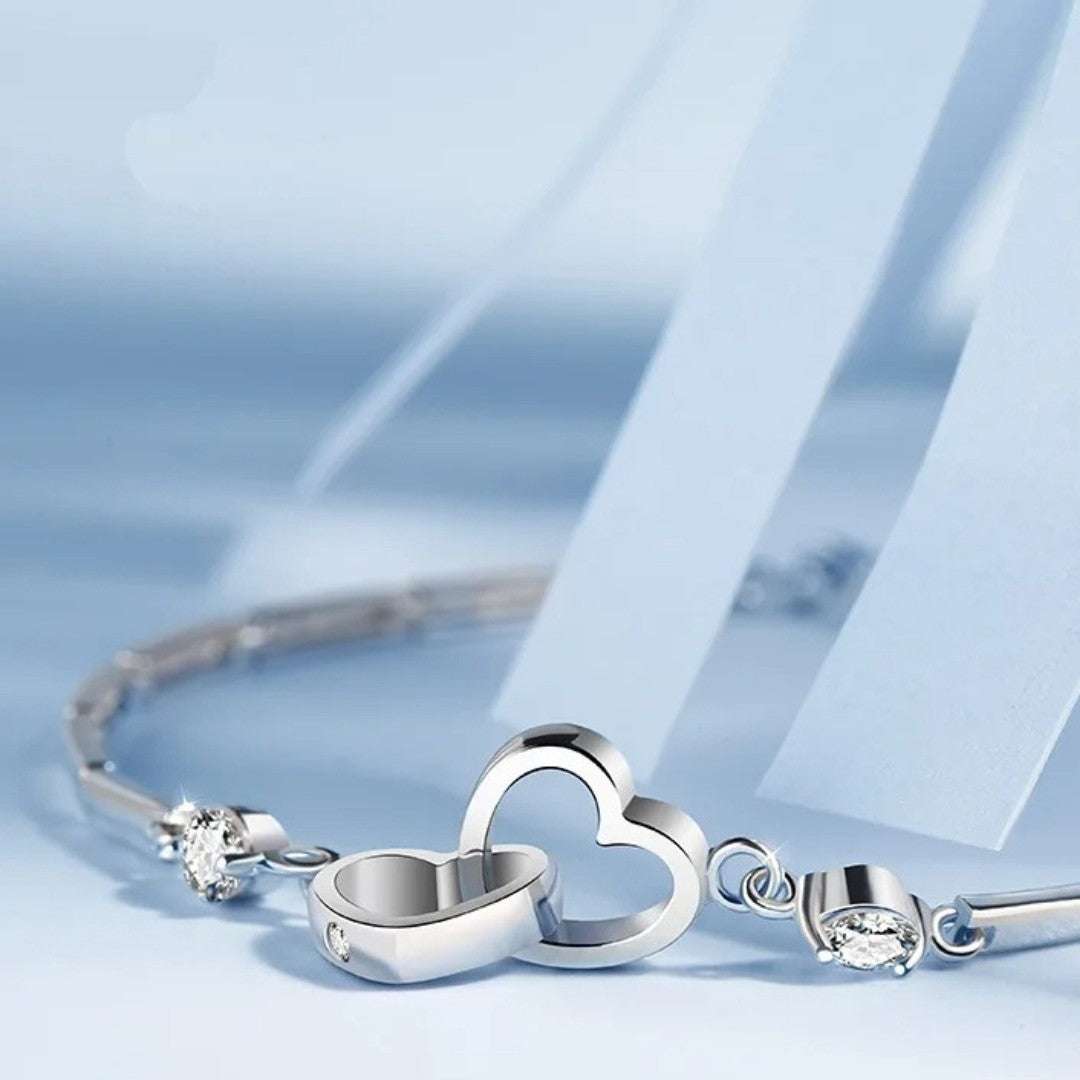 Silver Plated Double Heart Bracelet with Cubic Zirconia Stones for Women 419