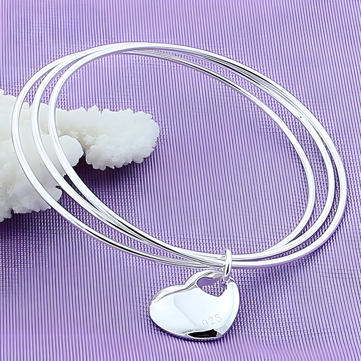 925 Sterling Silver Three Circle Bangle Bracelet with Heart Charm for Women 406