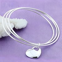 925 Sterling Silver Three Circle Bangle Bracelet with Heart Charm for Women 406