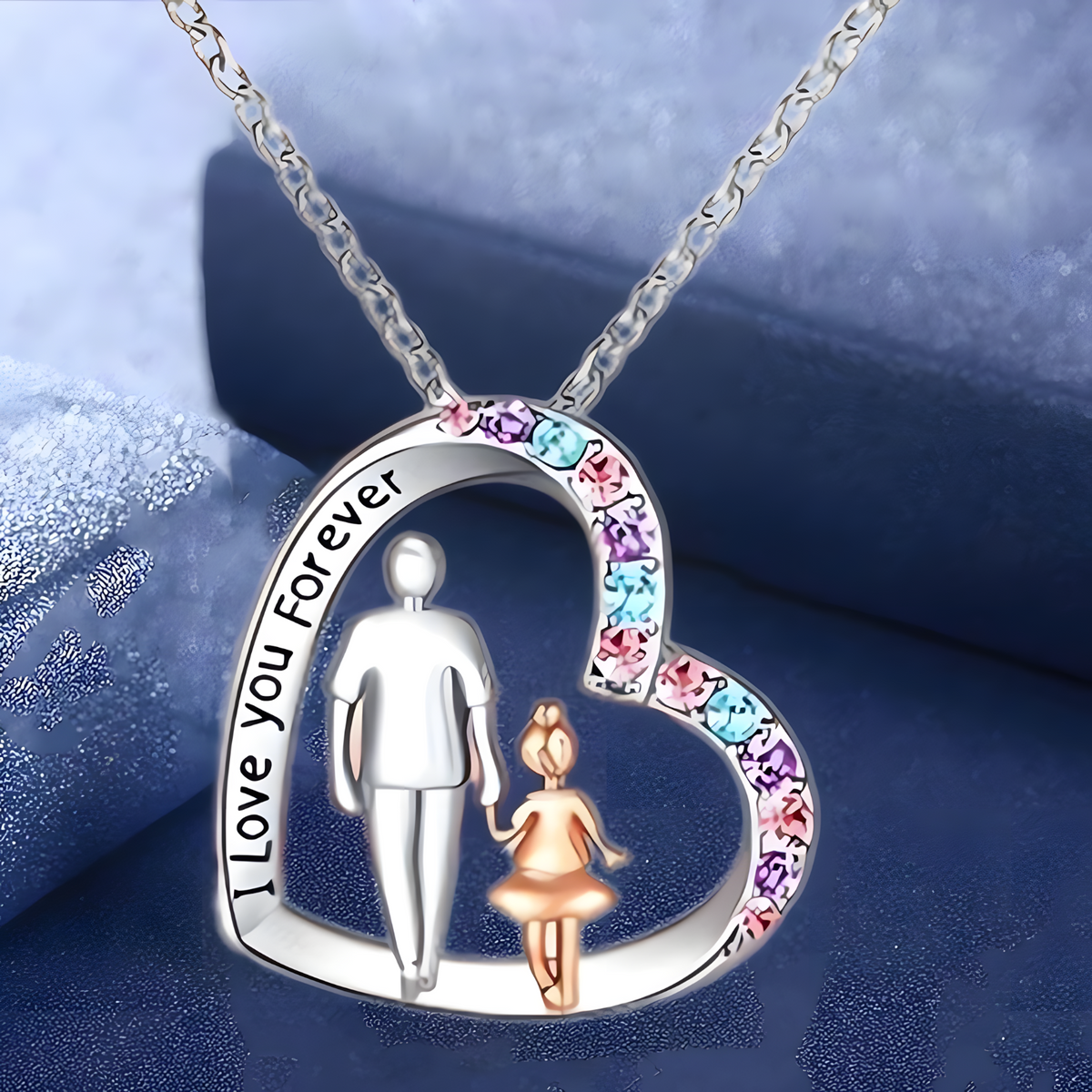 "I Love You Forever" Father Daughter Heart Necklace Pendant Cubic Zirconia B56