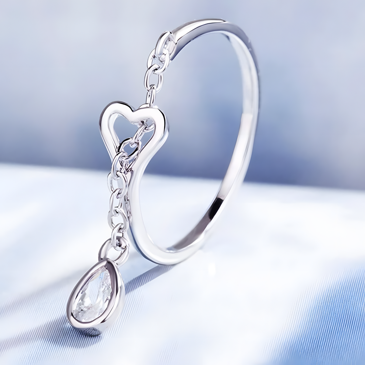 925 Sterling Silver Heart Love Dangle Crystal Adjustable Ring - AAA Zircon 364