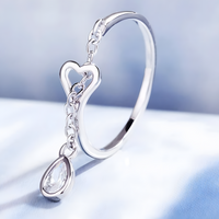 925 Sterling Silver Heart Love Dangle Crystal Adjustable Ring - AAA Zircon 364