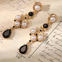 Gold Plated Drop Earrings – Black Rhinestone & Pearl Accent Vintage Earrings 738