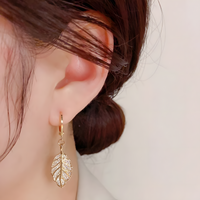 Gold Leaf Drop Hoop Earrings for Women, 925 Sterling Silver Zircon Dangle 301