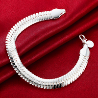 925 Sterling Silver Chain Bracelet for Women - Polished Flat Link Statement 1814