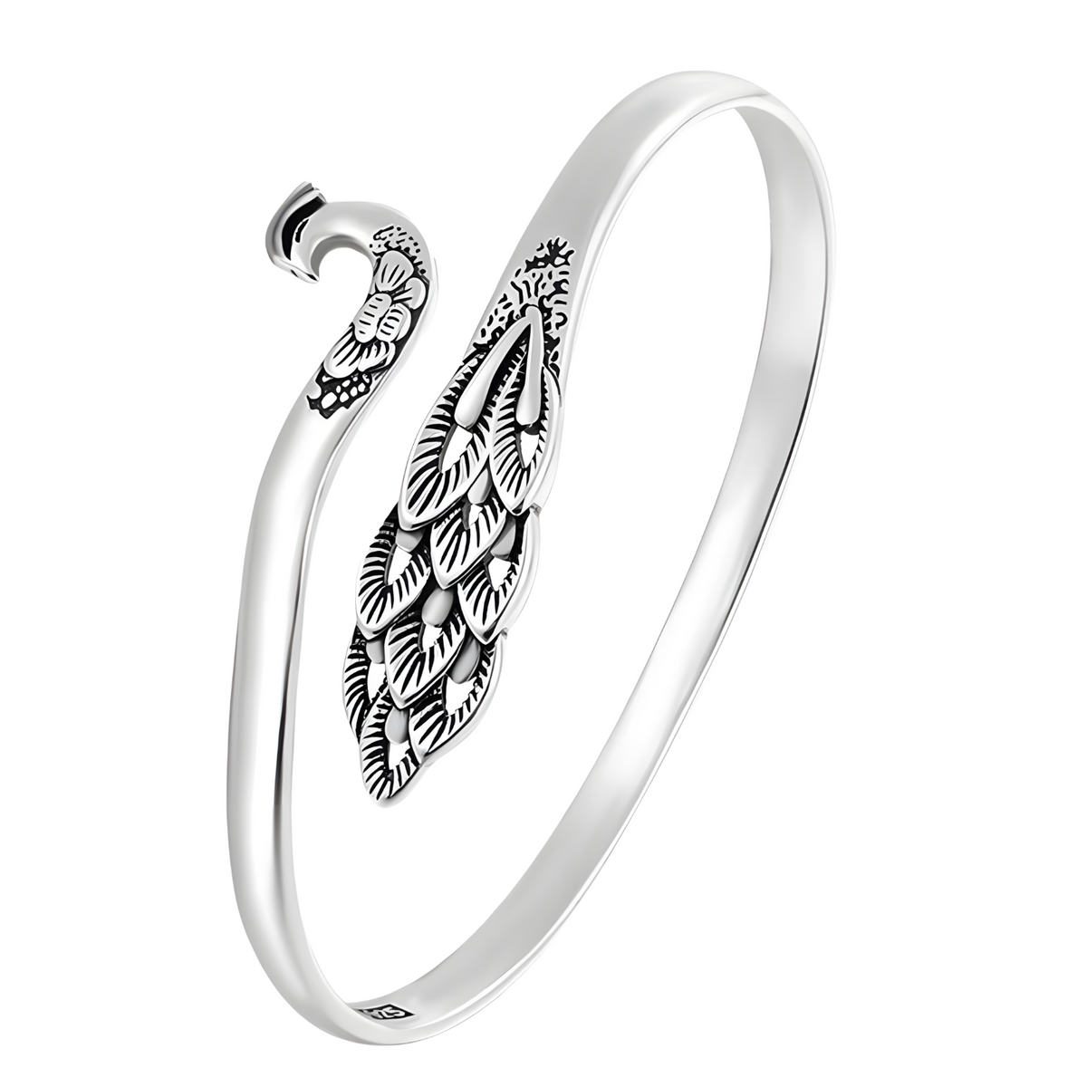 Adjustable Peacock Feather Cuff Bracelet Silver Tone Rhodium-Plated 13g 1442