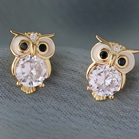 Cute Owl Copper Alloy Stud Earrings with Cubic Zirconia for Women & Girls 459