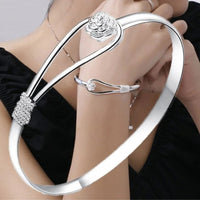 Women's Silver Bangle Bracelet with Rose Flower & Twist Knot Detail 418