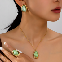 Irregular Green Stone Necklace, Earrings and Ring Set, Freeform Pendant 1724