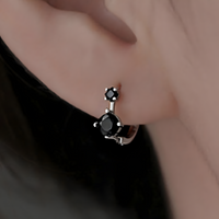 925 Silver-Plated Black Zircon Hoop Earrings for Women Geometric Dual Stone 921