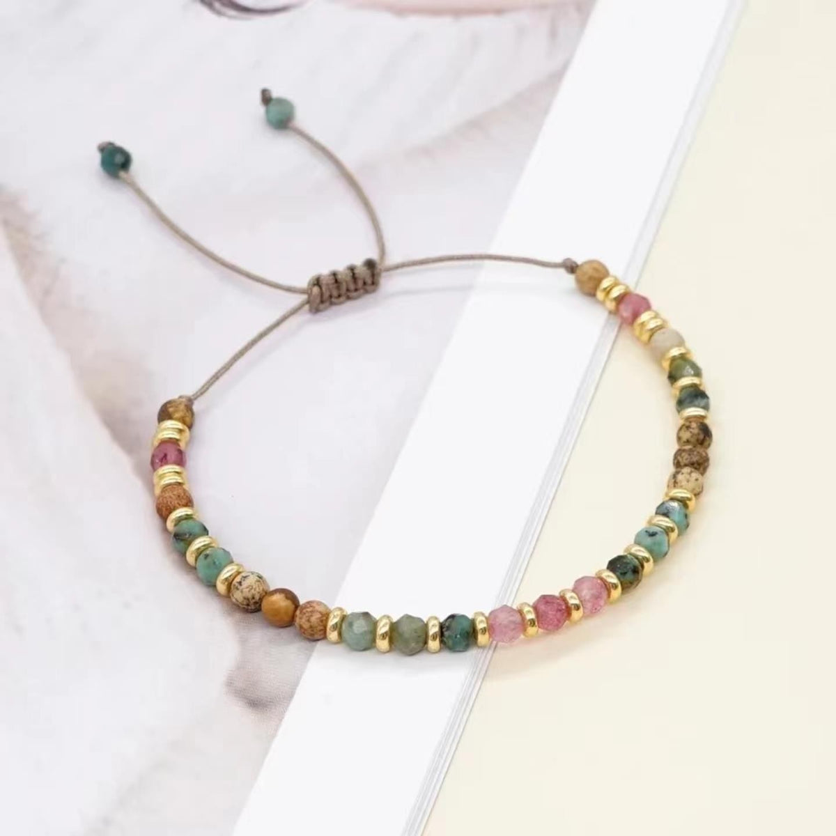Multi-Colored Semi-Precious Stone Bracelet Women; Adjustable Macrame Rope 656