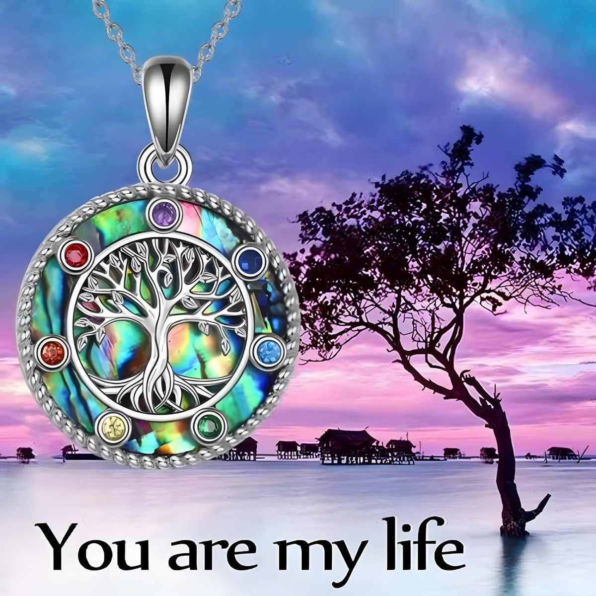 Exquisite Tree of Life Abalone Shel Necklace Sterling Silver Colorful Inlay B75
