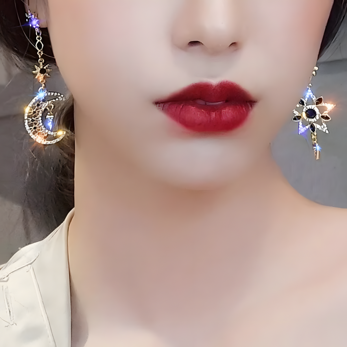 Asymmetric Moon & Star Earrings for Women – Gold-Tone Alloy Tassel Dangle 1180