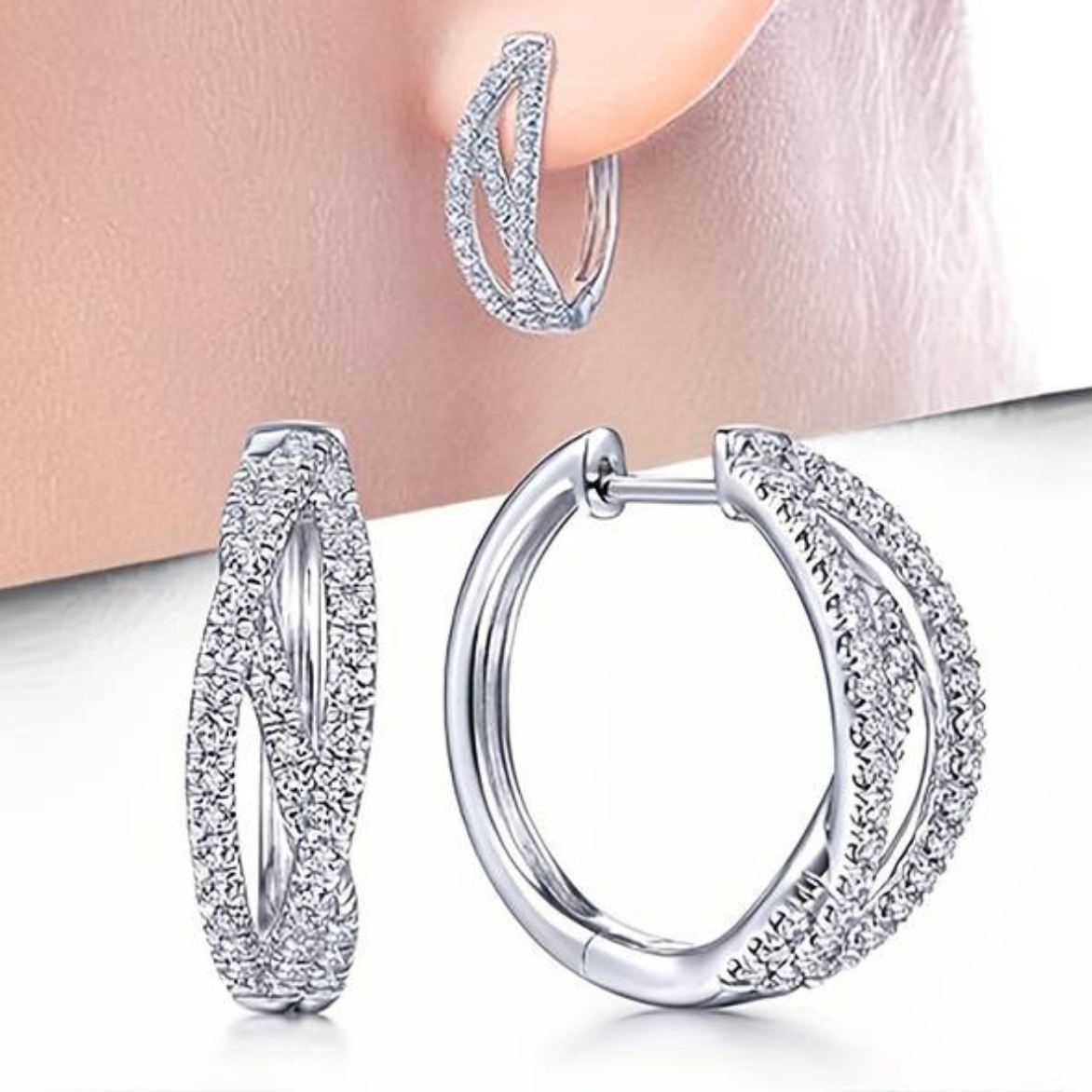 Silver-Plated Streamlined Hoop Earrings Cubic Zirconia, 1.5cm Elegant Twist 158