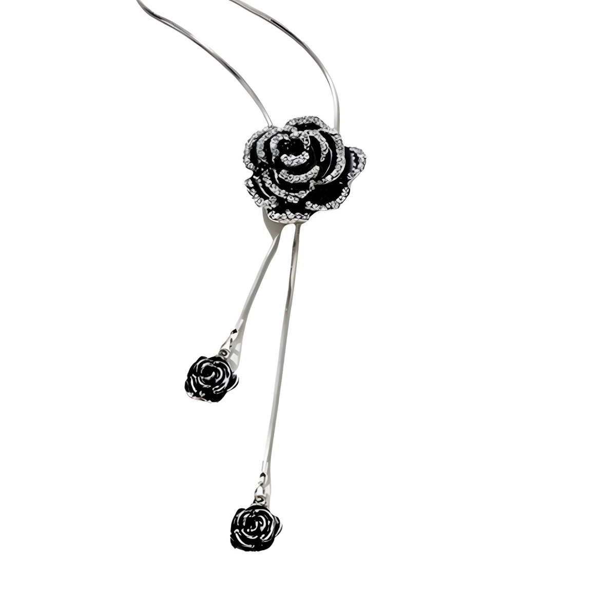Black Rose Long Pendant Necklace for Women – Zinc Alloy Metal Chain 1211