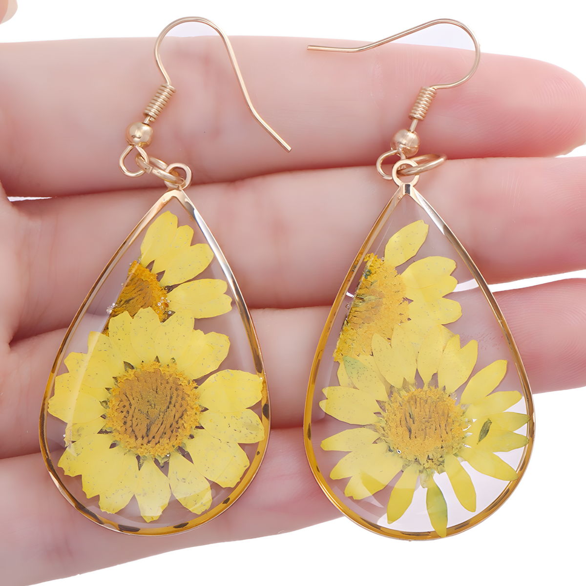 Handmade Yellow Daisy Flower Resin Drop Earrings - Pressed Floral Jewelry B38