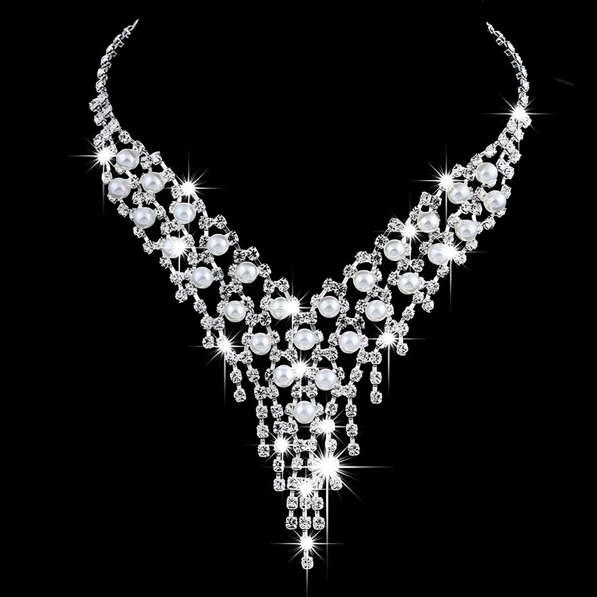 Bridal Jewelry Set-Pearl and Crystal Necklace & Dangle Earrings, Wedding 395
