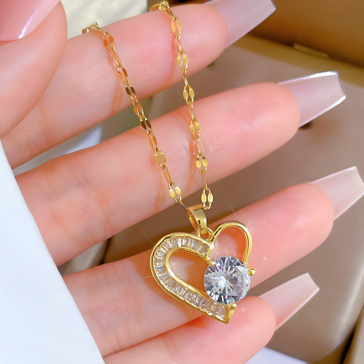 Heart Pendant Necklace Women Stainless Steel Trendy Gold Tone Heart Pendant 1153