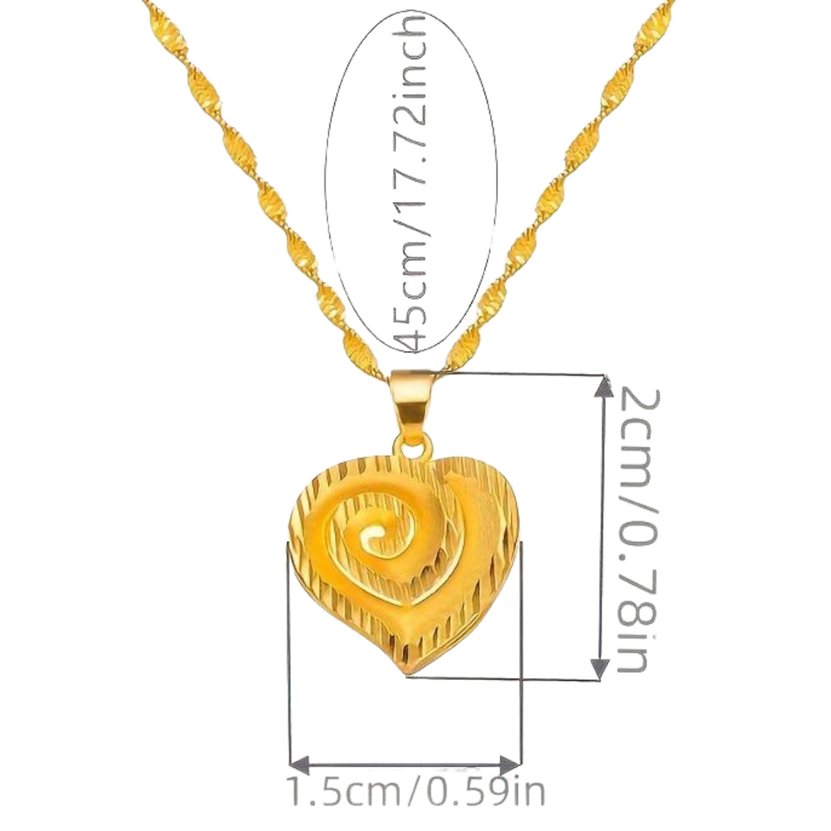 Vintage Luxury Heart Pendant Necklace 24K Gold Plated Copper, Elegant Spiral 124