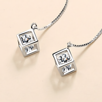925 Silver-Plated Geometric Cube Zircon Drop Earrings Women Sparkling Round 924