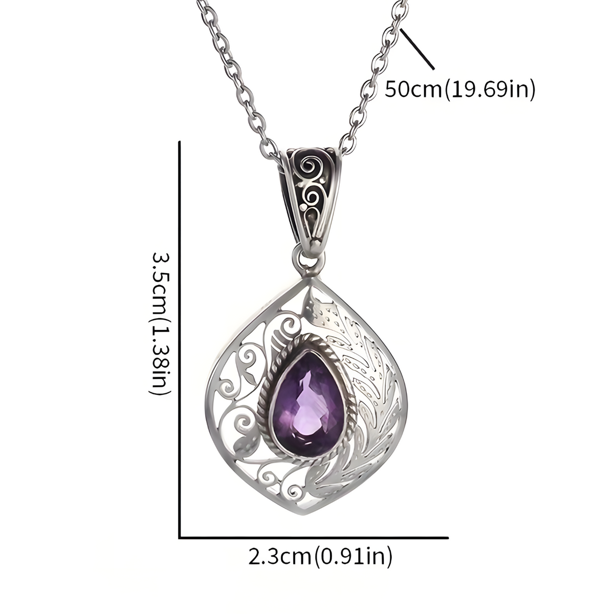 Vintage Amethyst Teardrop Pendant Necklace Zinc Silver Tone Filigree Jewelry 571