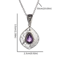Vintage Amethyst Teardrop Pendant Necklace Zinc Silver Tone Filigree Jewelry 571