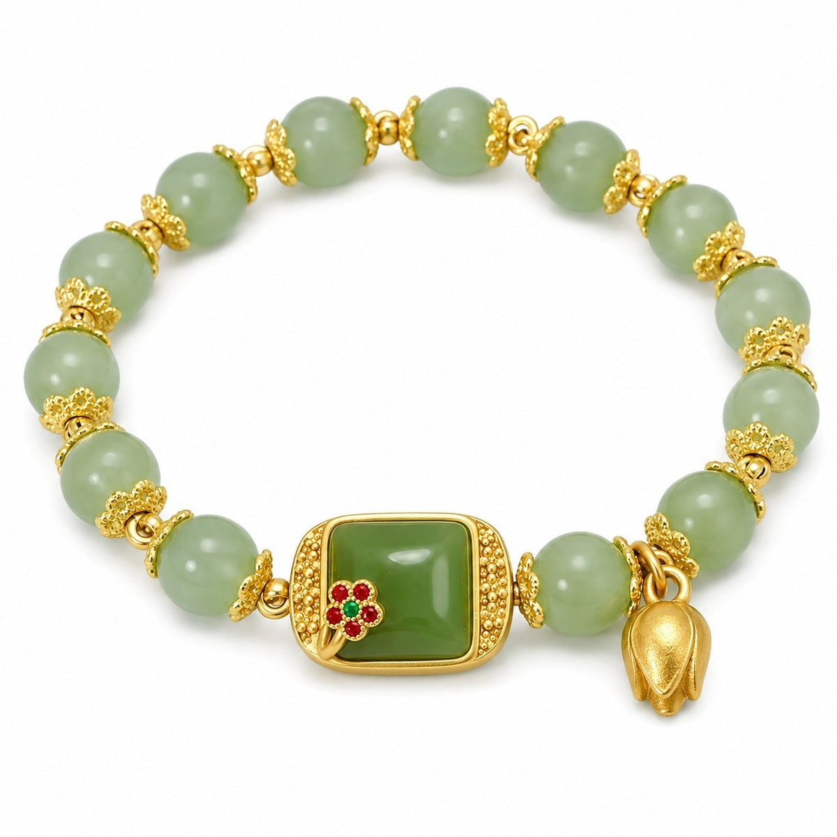Green Beaded Bracelet, Gold Colour Square Centre Charm Lotus Drop Statement 1800