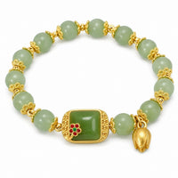 Green Beaded Bracelet, Gold Colour Square Centre Charm Lotus Drop Statement 1800