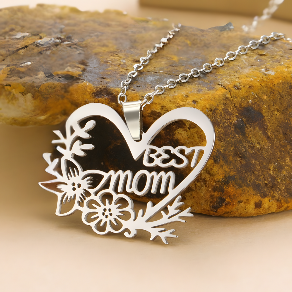 Best Mom Heart Necklace for Women – Stainless Steel Cutout Floral Pendant 1170