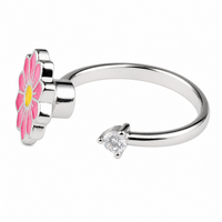 Daisy Flower Adjustable Open Ring Silver Tone Statement Ring Pink Enamel 1598
