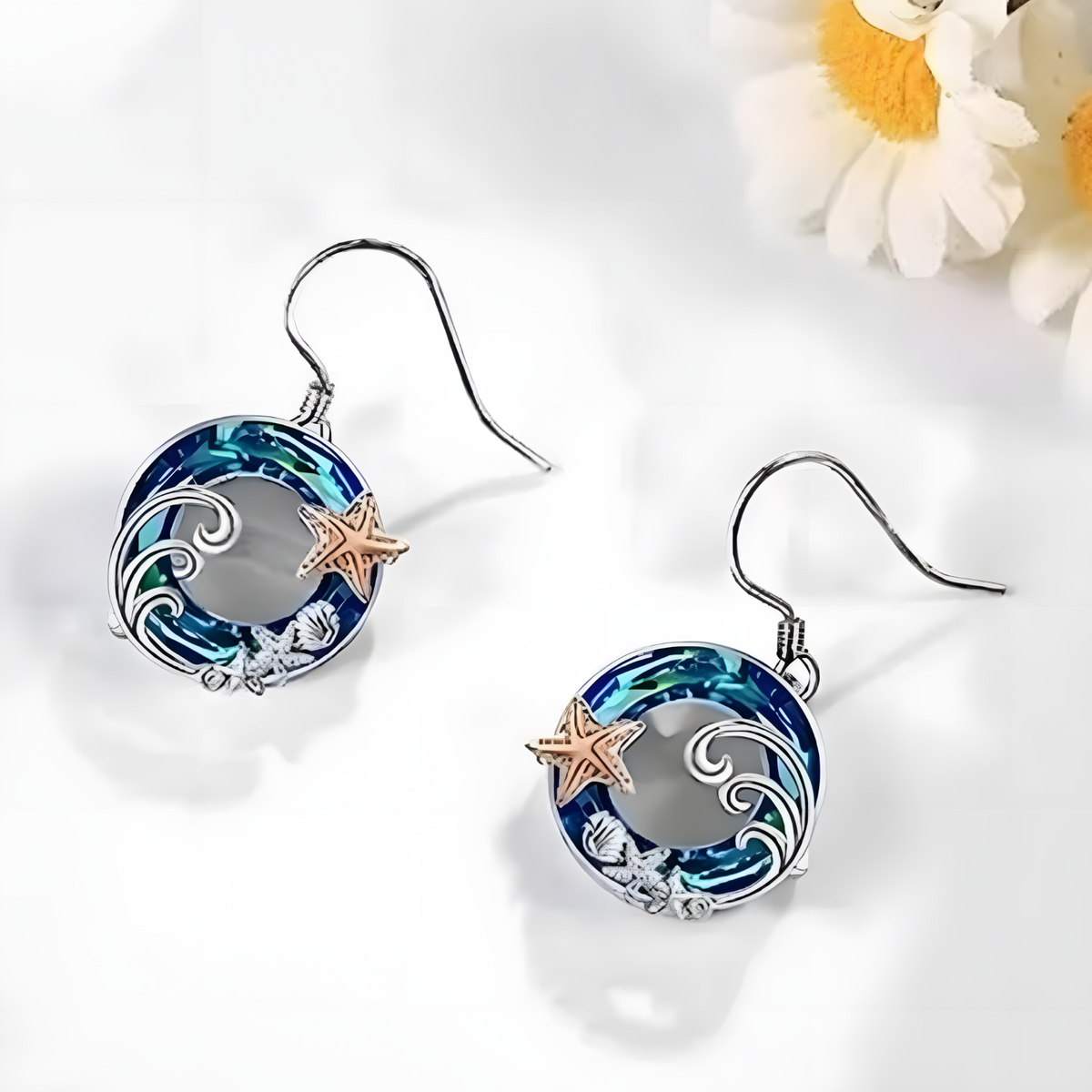 Exquisite Starfish and Shell Pendant Necklace, Blue Crystal Circle Seaside b148