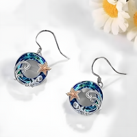 Exquisite Starfish and Shell Pendant Necklace, Blue Crystal Circle Seaside b148