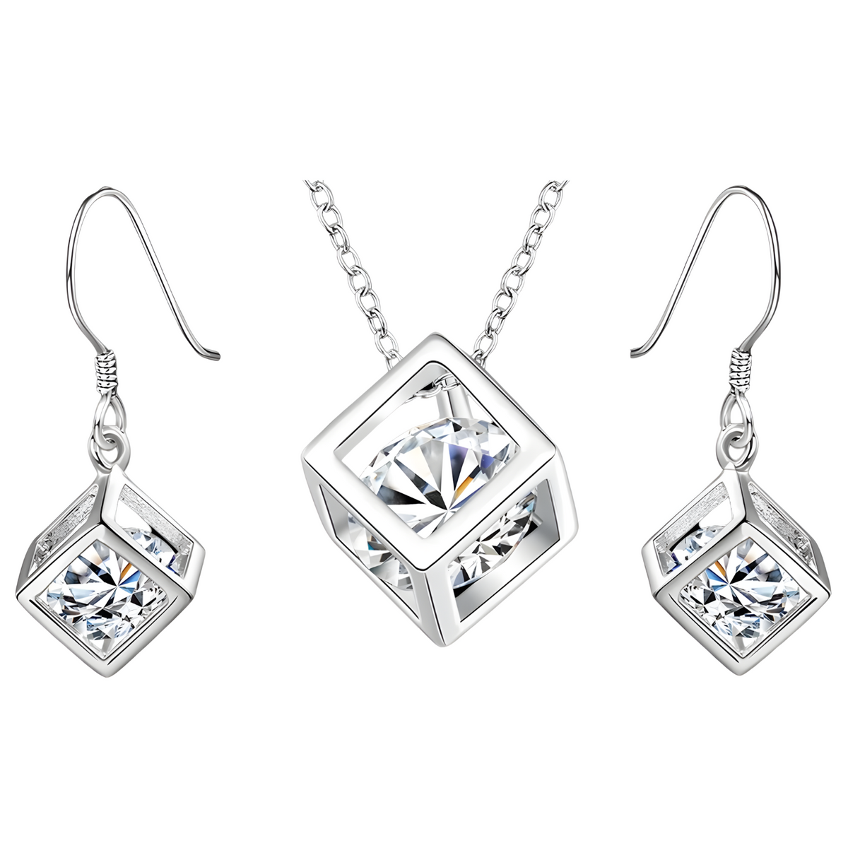 925 Sterling Silver Earrings Fine Crystal Lattice Pendant Necklace for Woman 448