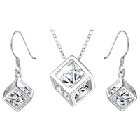925 Sterling Silver Earrings Fine Crystal Lattice Pendant Necklace for Woman 448