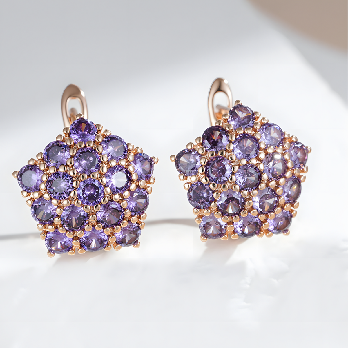 Purple Natural Zircon Cluster Drop Earrings for Women Copper Base Rose Gold 1299