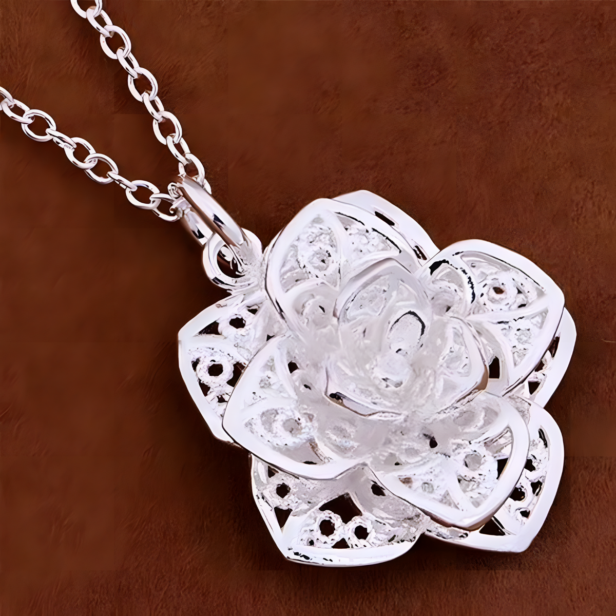 925 Sterling Silver Delicate Rose Flower Pendant Necklace Elegant Openwork 451
