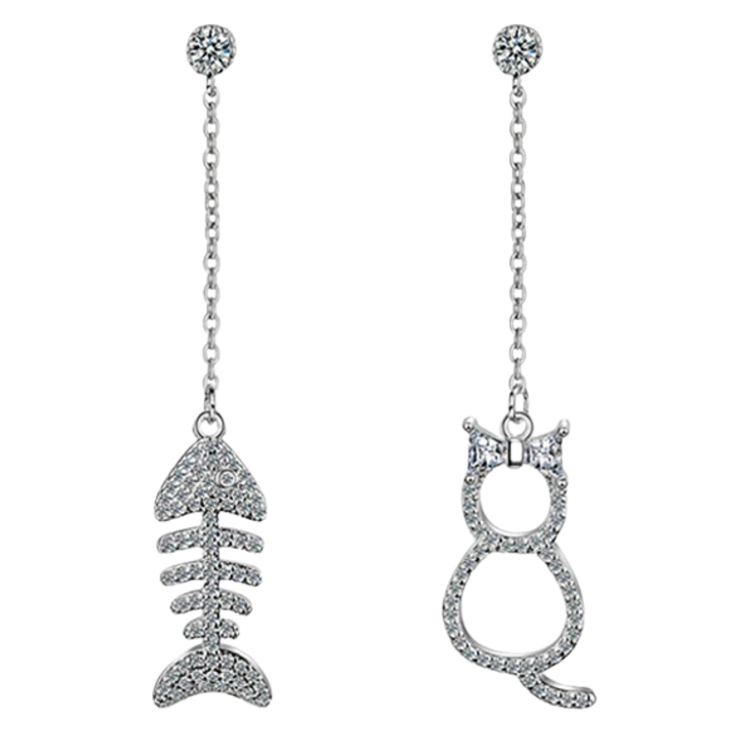 Exquisite Cat & Fishbone Mismatch Drop Earrings Women Sparkling CZ Accents 297