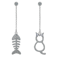Exquisite Cat & Fishbone Mismatch Drop Earrings Women Sparkling CZ Accents 297