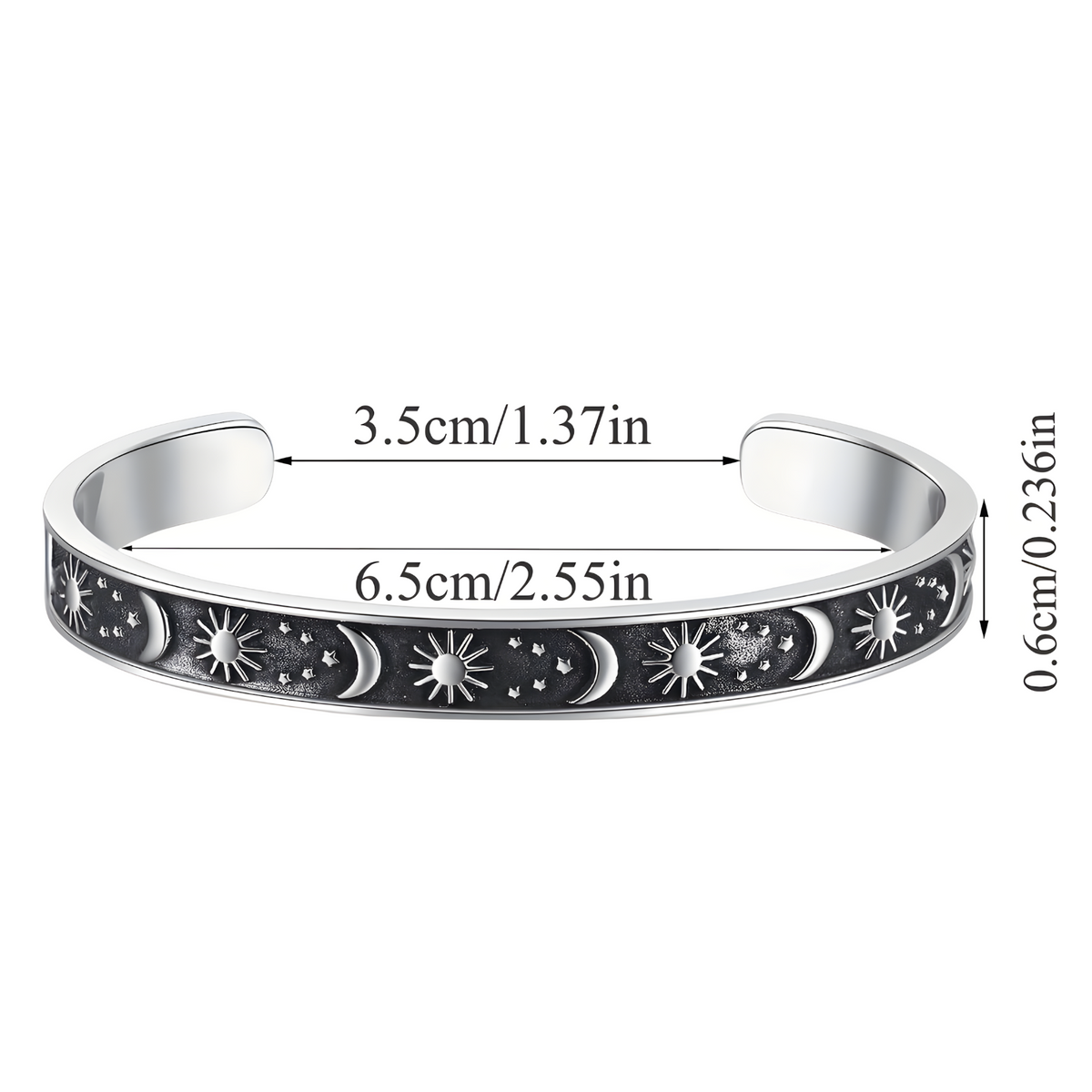 Stainless Steel Cuff Bracelet | Titanium Plated Silver Tone Bangle Moon Sun 614