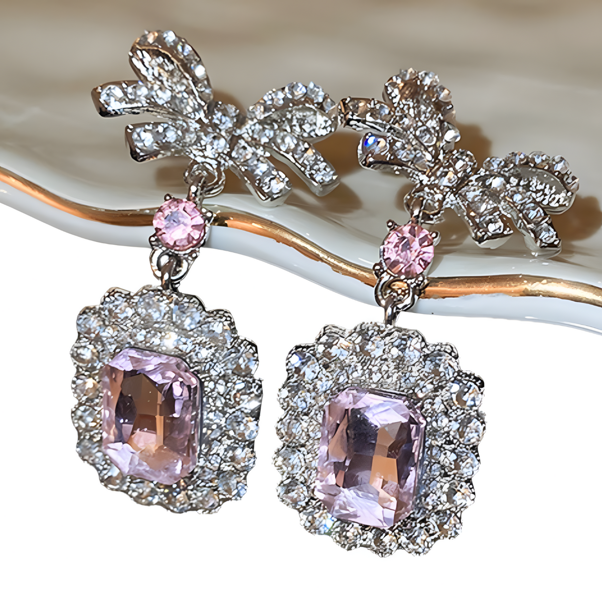 Pink Crystal Bow Pendant Necklace and Drop Earrings Set for Women Square 1392