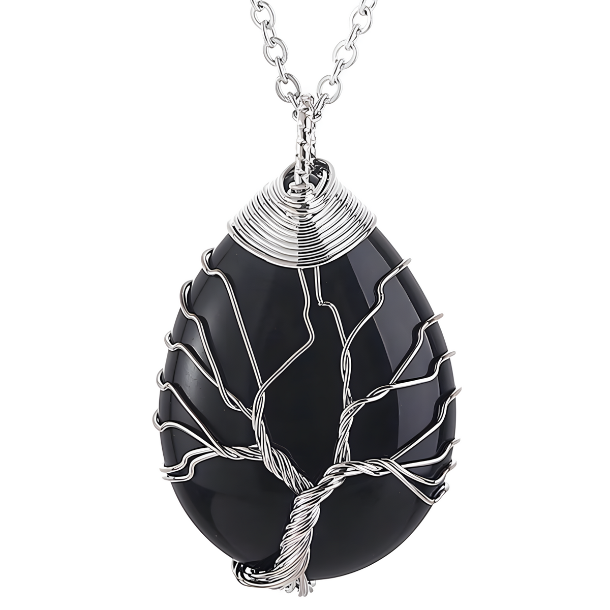 Black Agate Tree Of Life Pendant Necklace For Women Oval Gemstone Statement 1338