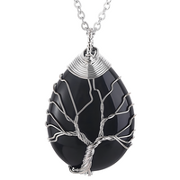 Black Agate Tree Of Life Pendant Necklace For Women Oval Gemstone Statement 1338