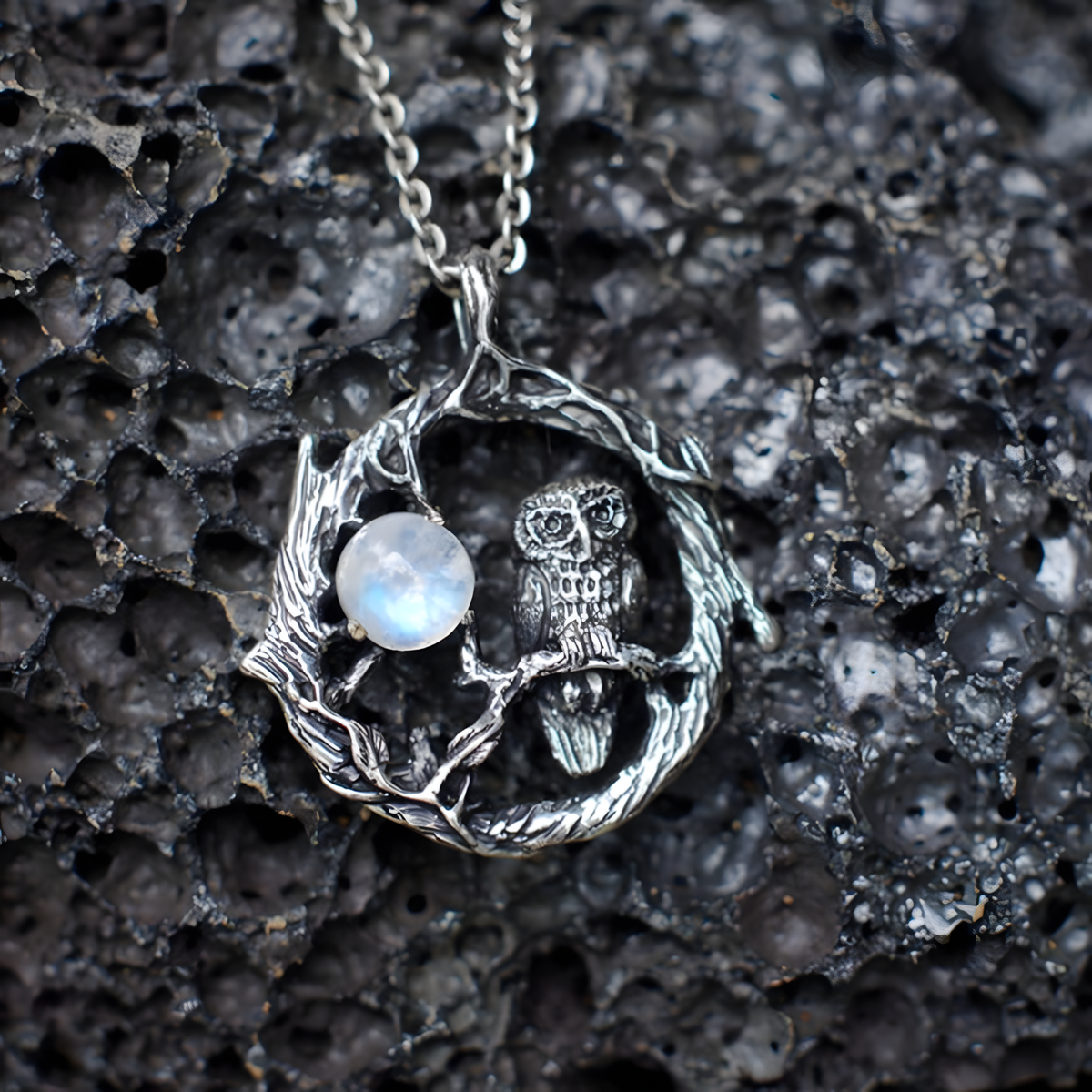 Zinc Alloy Natural Stone Owl Necklace for Women – Silver Tone Crescent Moon 1091