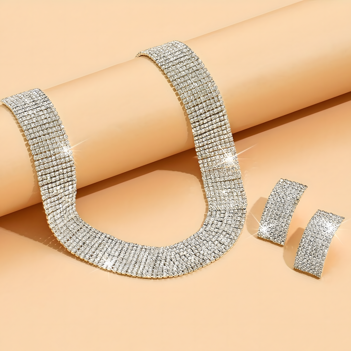 3PCS Silver Rhinestone Necklace and Earrings Set for Women–Classic Geometric 670