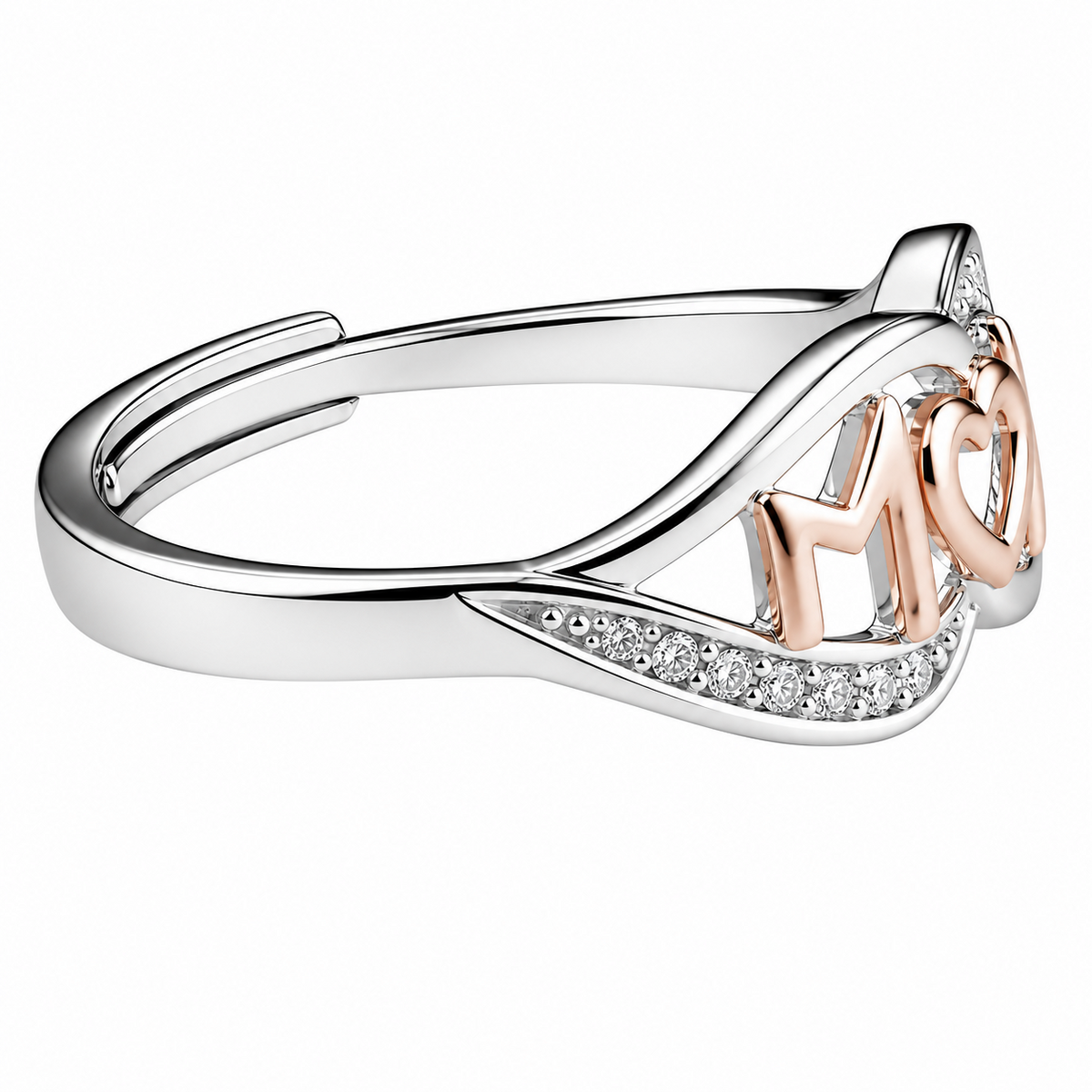 Women's MOM Heart Ring, Adjustable Silver Tone Promise Ring Rose Gold Tone  1646