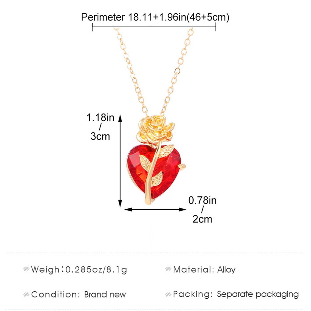 Heart-Rose Pendant Necklace - Faceted Heart Crystal Pendant Rose Accent 1318