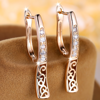 Charming Female Rose Gold Hoop Dangle Earring White Zircon Pavé Stone Carved 639